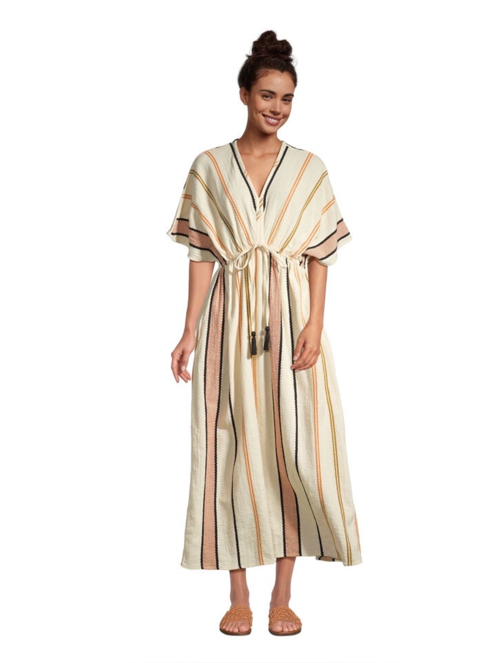 World Market Cream Pink Striped Maxi Dress with Tassels Size L/XL